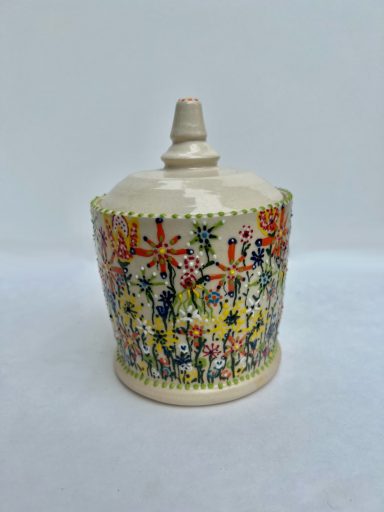 Porcelain lidded vessel. Hand painted exterior. Glazed aqua interior. H-15cm x W-11cm