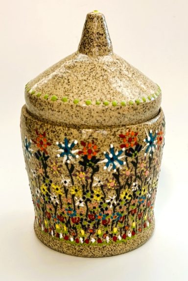 Speckled clay base lidded vessel. Hand painted exterior. Clear glaze interior. H-14in. x W-10in.